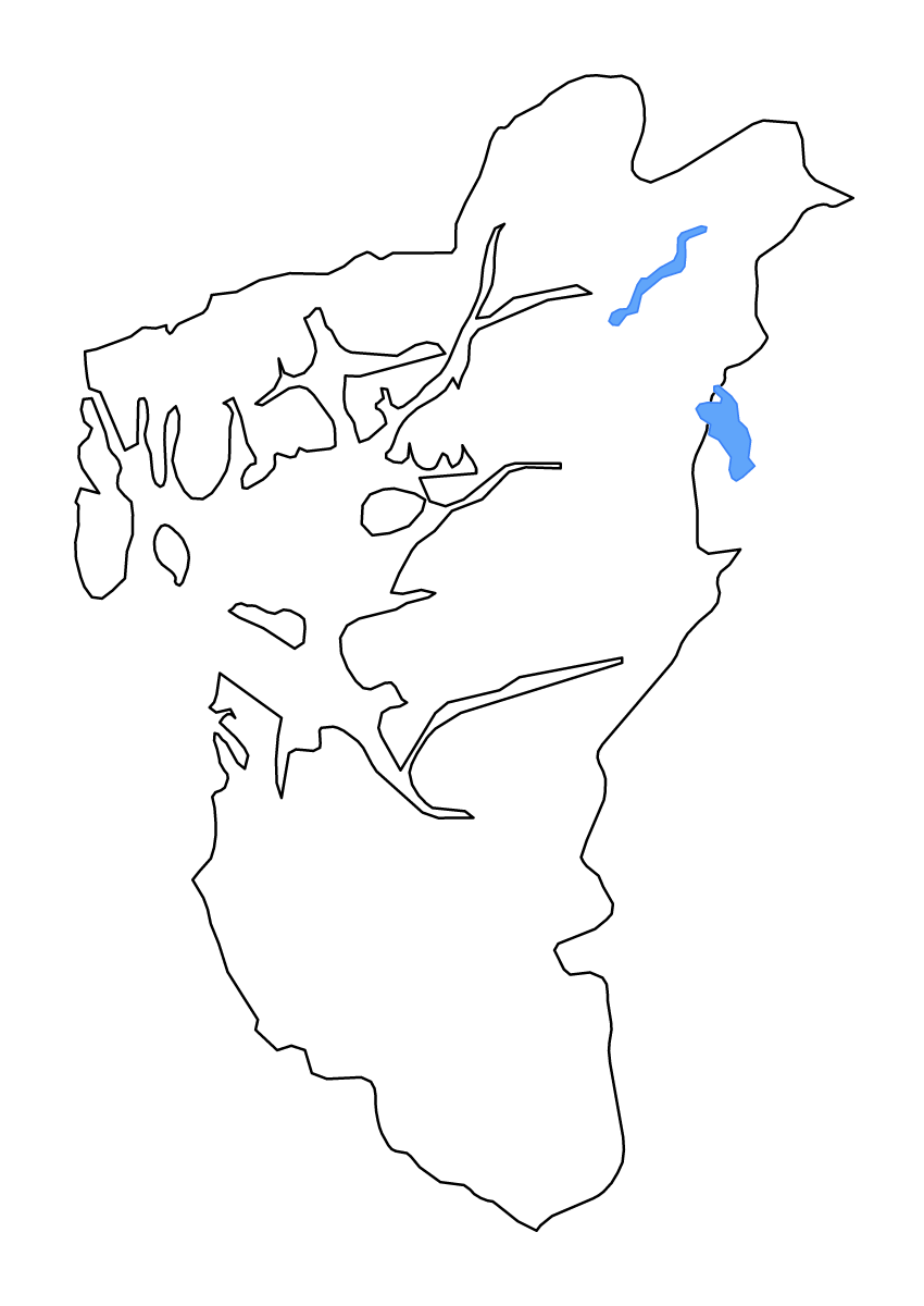 Outline map of Rogaland County, Norway with lakes and rivers.