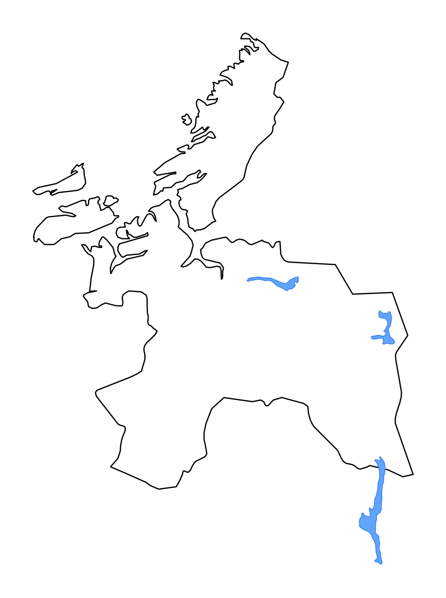 Mapa de contorno de Sør-Trøndelag, Norway con lagos y ríos.