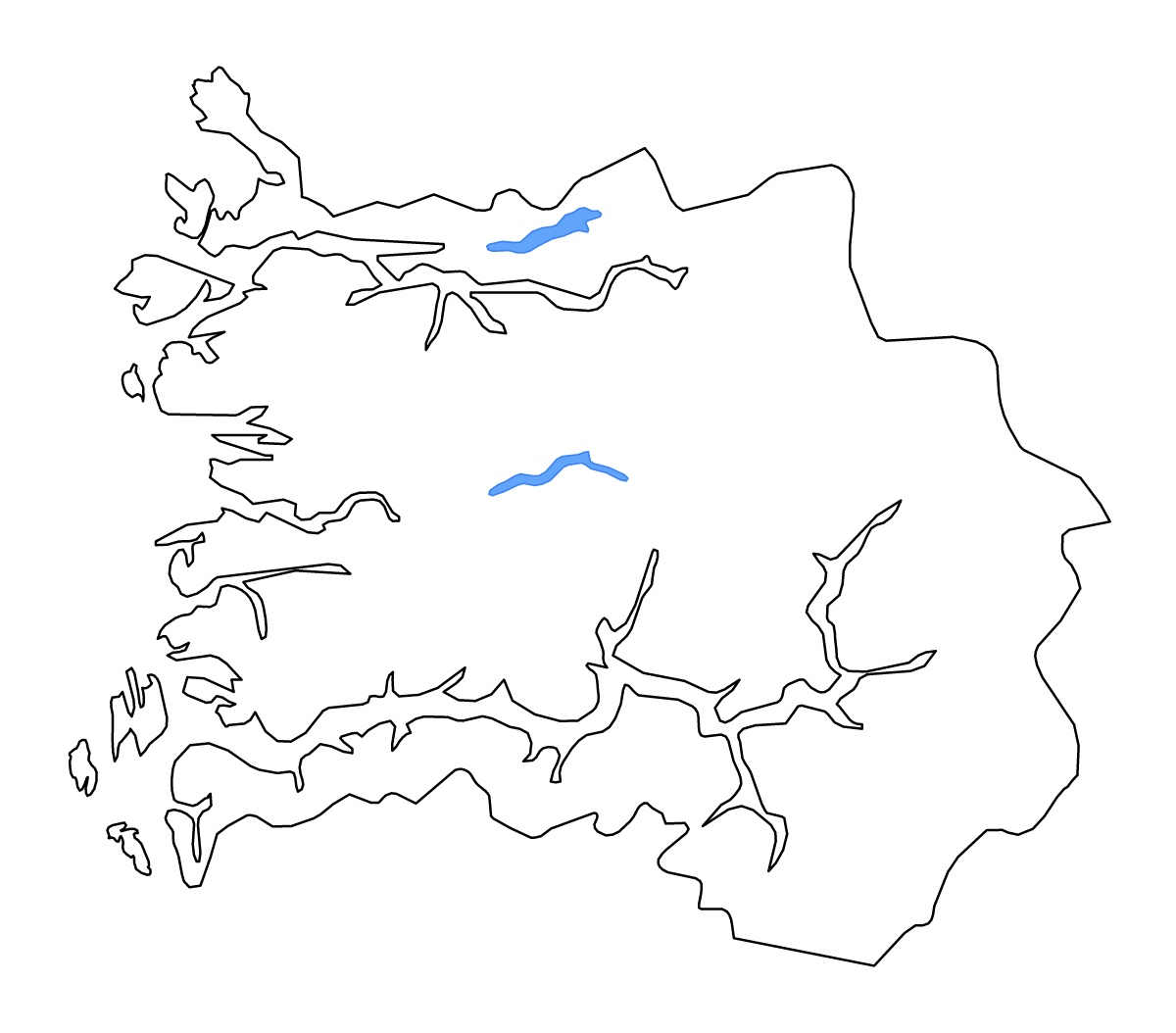 Mapa de contorno de Sogn og Fjordane, Norway con lagos.