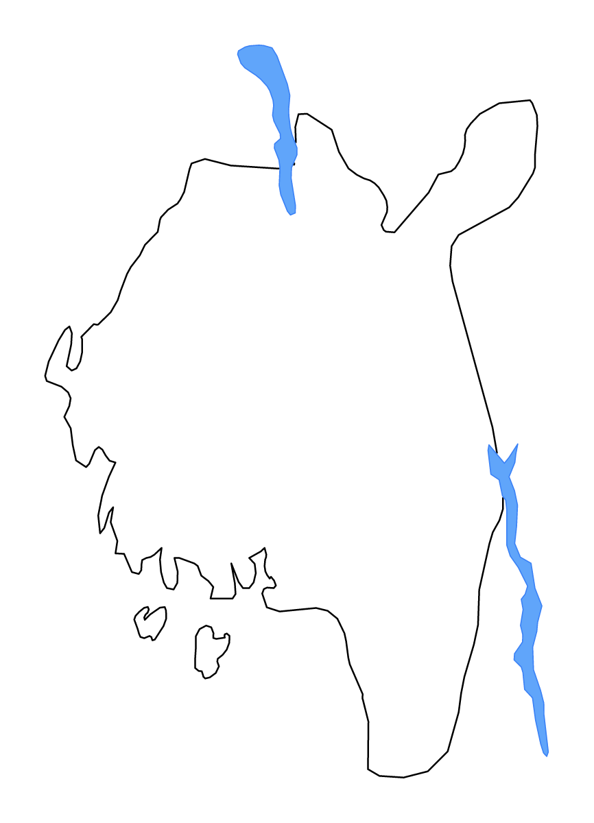 Mapa de contorno de Østfold, Norway con lagos y ríos.