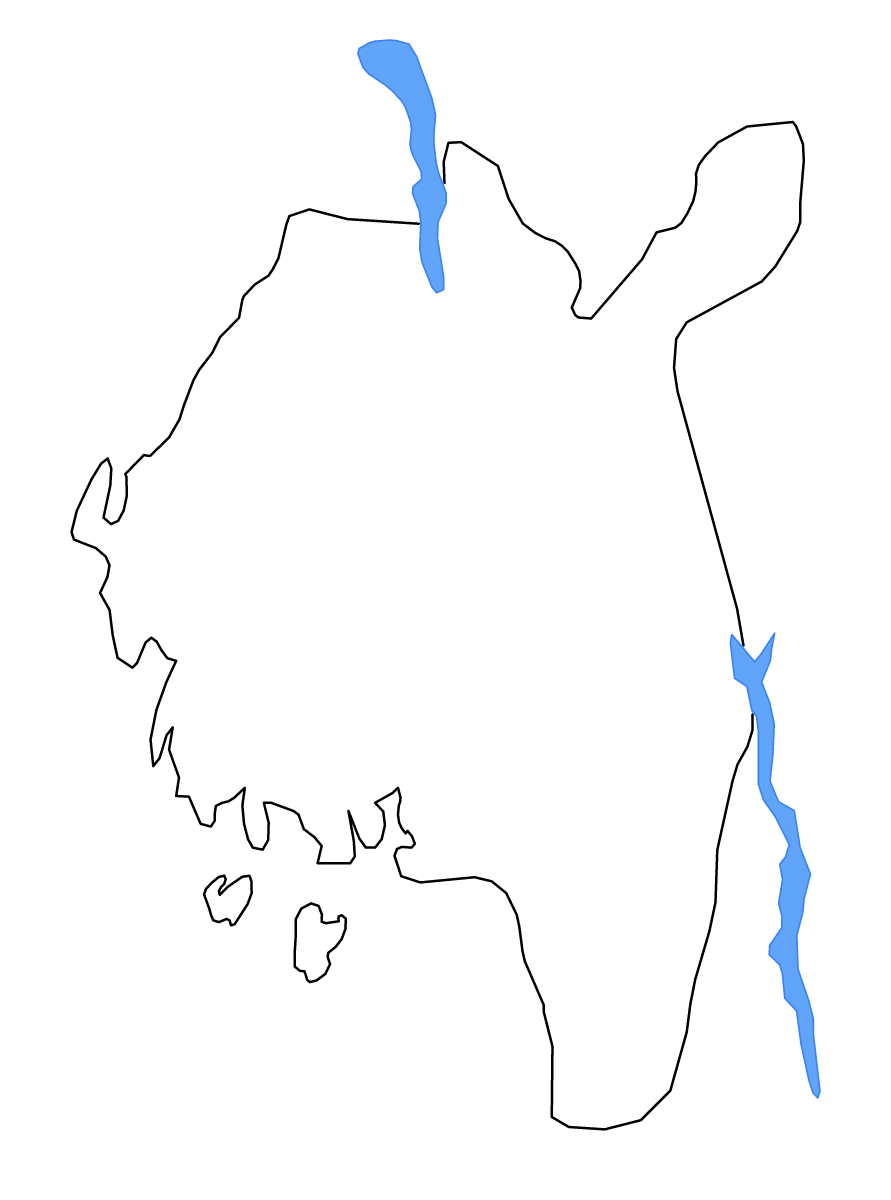 Outline map of Østfold County, Norway with lakes and rivers.