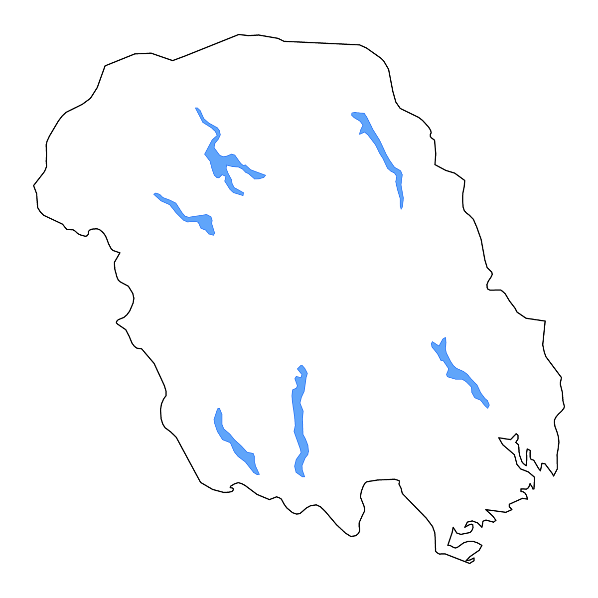 Outline map of Telemark County, Norway with lakes and rivers.
