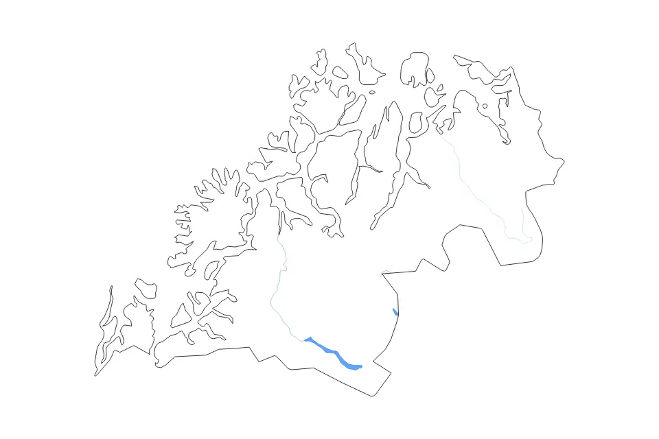 Outline map of Troms County, Norway with subdivision borders and major lakes and rivers.