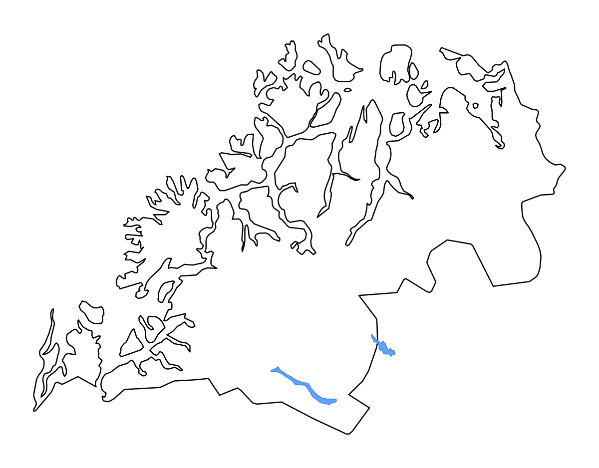 Mapa de contorno de Troms, Norway con lagos y ríos.