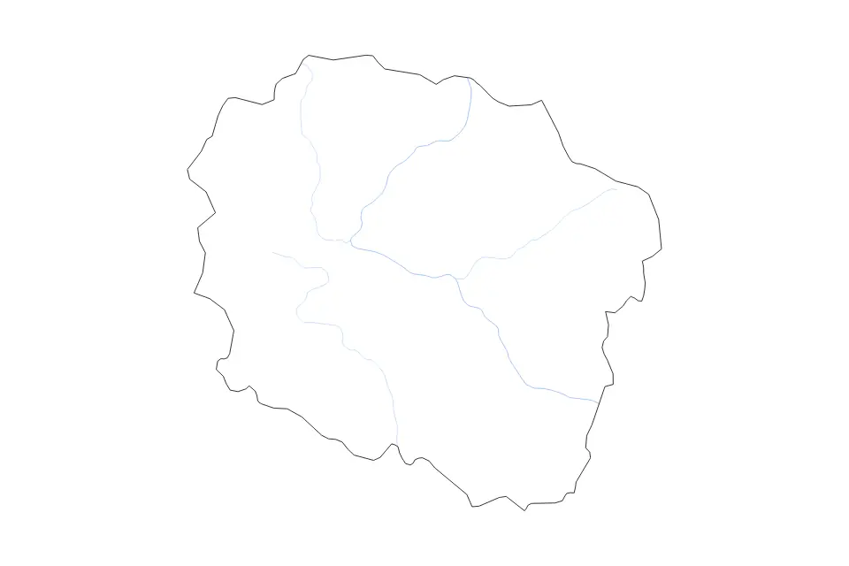 Outline map of Kuyavian-Pomeranian Voivodeship, Poland with subdivision borders and rivers.