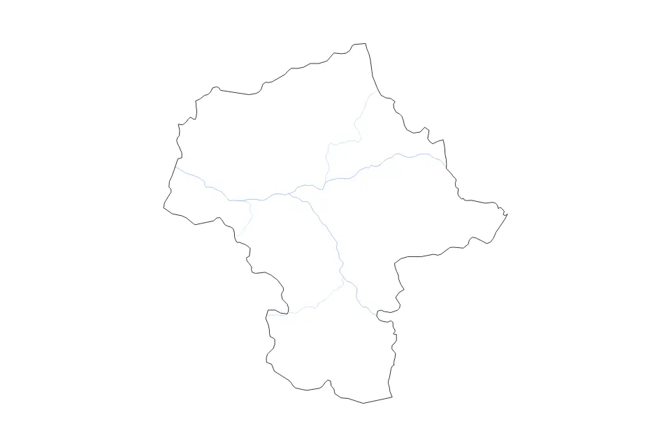 Outline map of Masovian Voivodeship, Poland with subdivision borders and rivers.