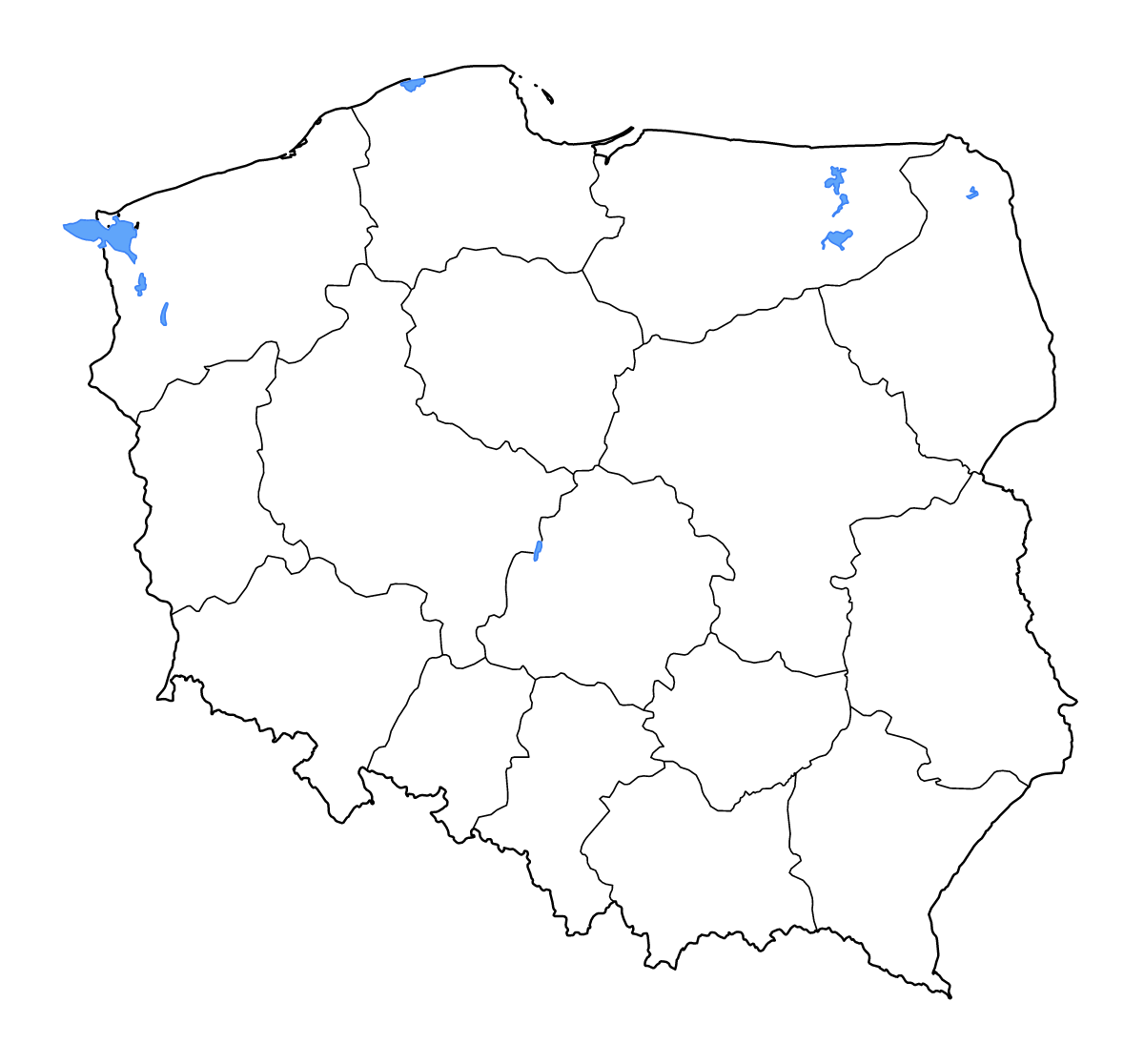 Carte de contour de Poland avec limites administratives internes, lacs et rivières.