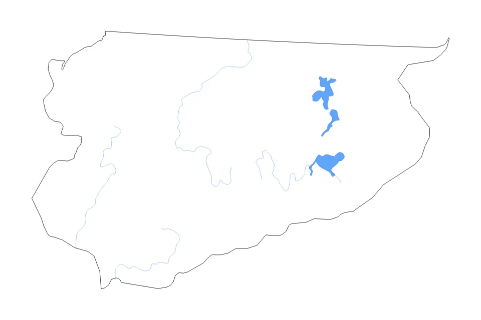 Outline map of Warmian-Masurian Voivodeship, Poland with subdivision borders and major lakes and rivers.