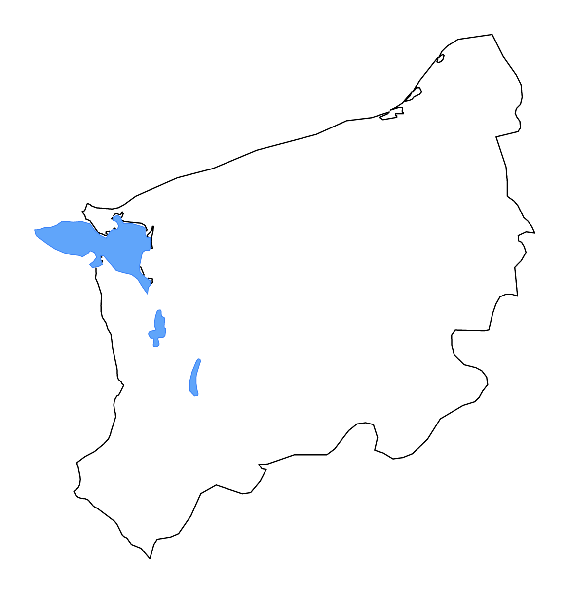 Outline map of West Pomeranian Voivodeship, Poland with lakes and rivers.