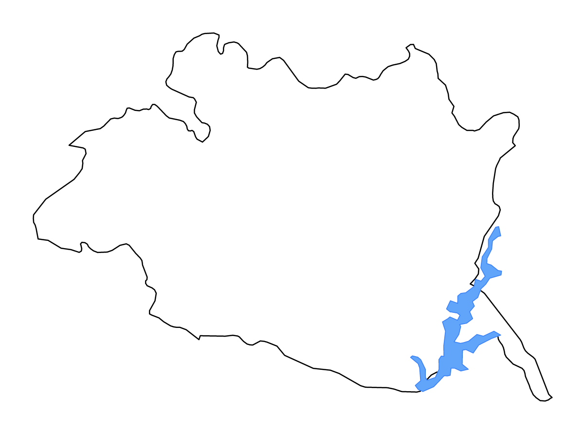 Outline map of Évora District, Portugal with lakes and rivers.