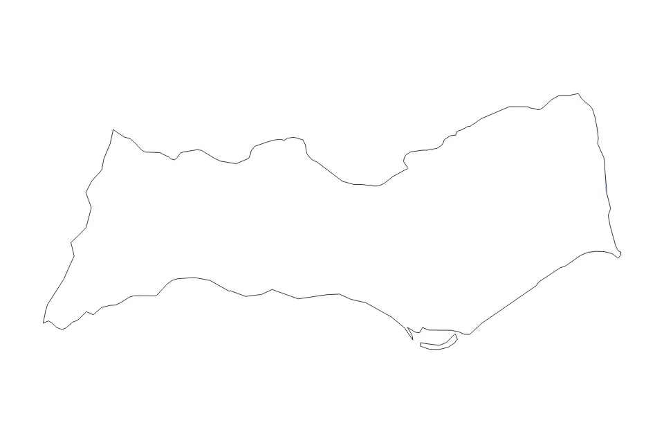 Outline map of Faro District, Portugal with subdivision borders and rivers.