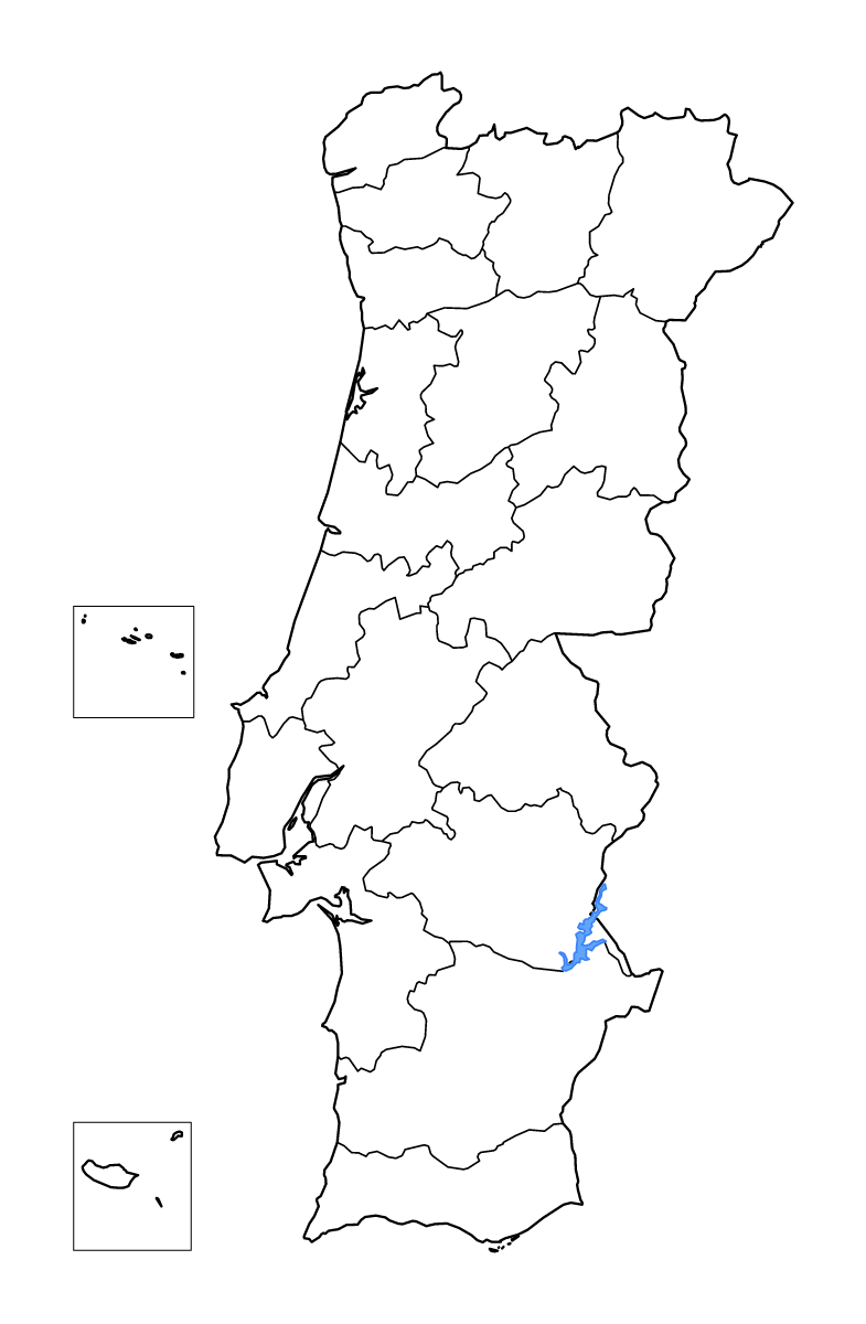 Mapa de contorno de Portugal con límites administrativos internos, lagos y ríos.