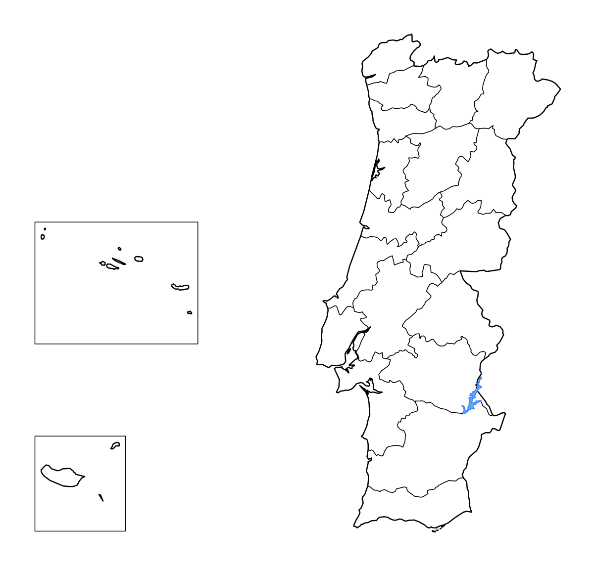 Mapa de contorno de Portugal con límites administrativos internos, lagos y ríos.