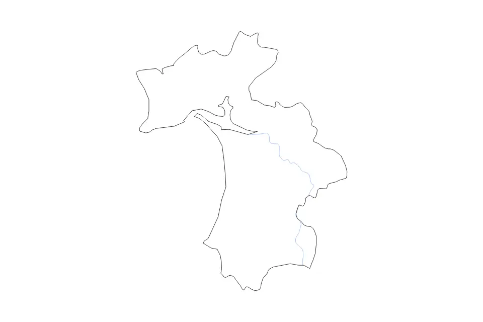 Outline map of Setúbal District, Portugal with subdivision borders and rivers.