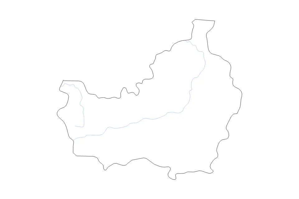 Outline map of Cluj County, Romania with subdivision borders and rivers.