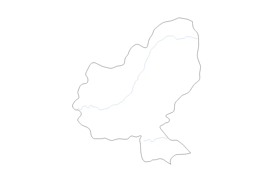 Outline map of Mureș County, Romania with subdivision borders and rivers.