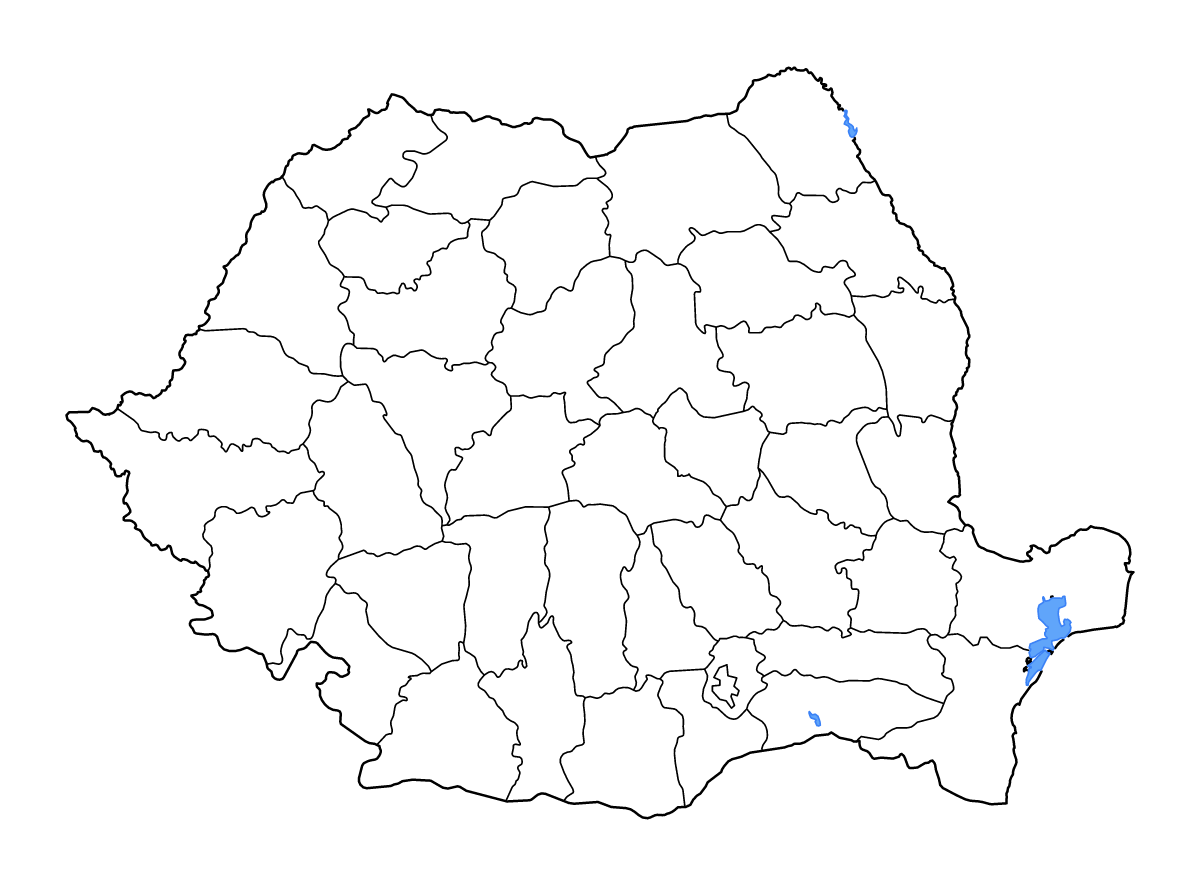 Mapa de contorno de Romania con límites administrativos internos, lagos y ríos.