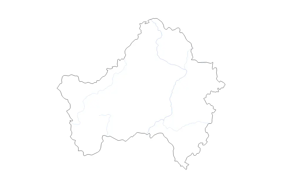 Outline map of Bryansk, Russian Federation with subdivision borders and rivers.