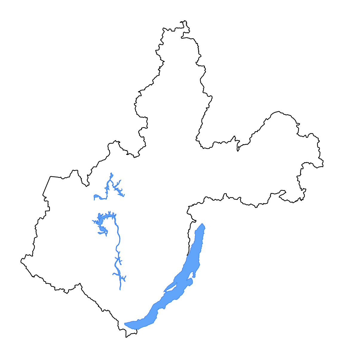 Outline map of Irkutsk, Russian Federation with lakes and rivers.