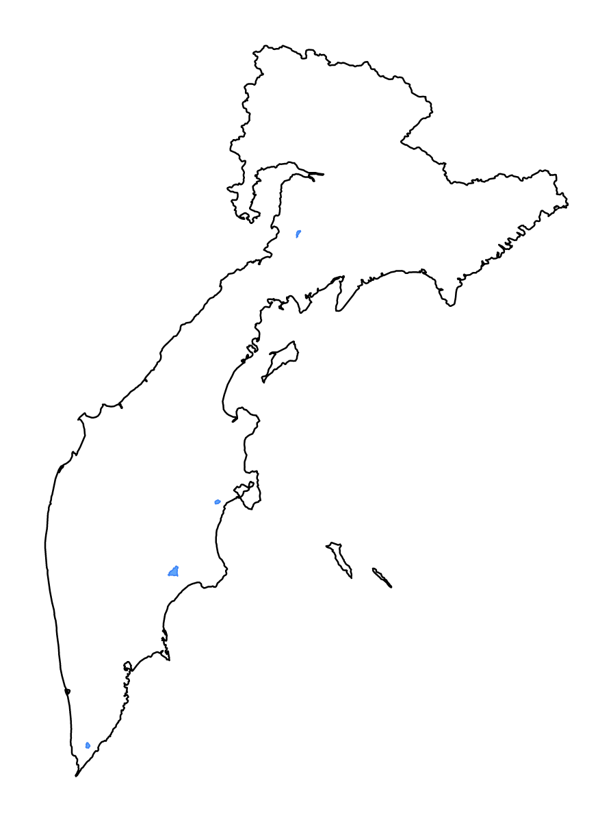 Carte de contour de Kamchatka Krai, Russian Federation avec lacs et rivières.
