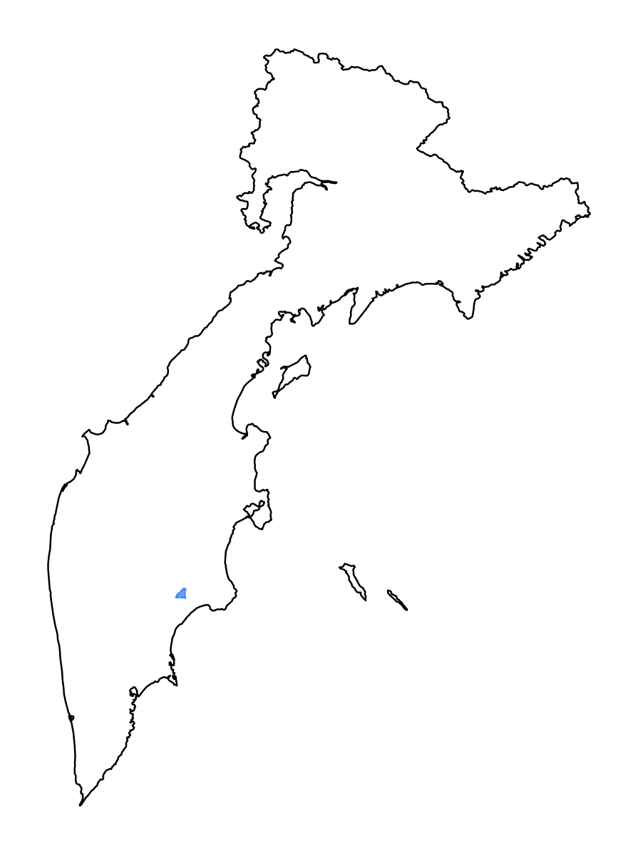 Outline map of Kamchatka Krai, Russian Federation with lakes and rivers.