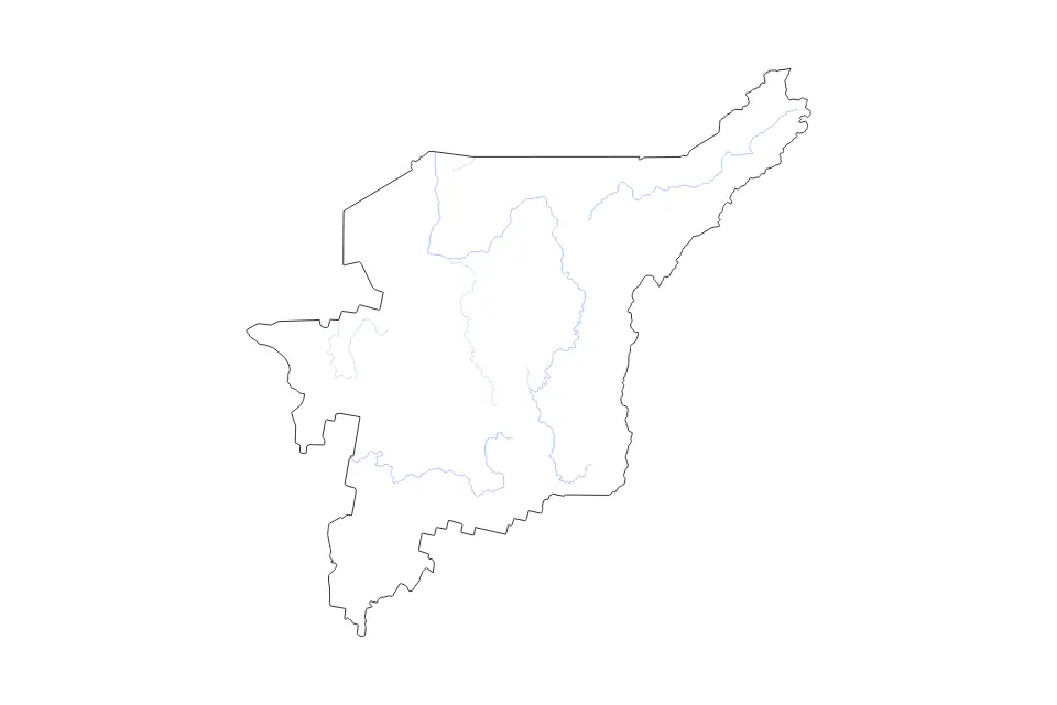 Outline map of Komi Republic, Russian Federation with subdivision borders and rivers.