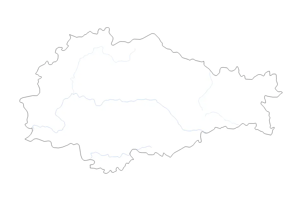 Outline map of Kursk, Russian Federation with subdivision borders and rivers.