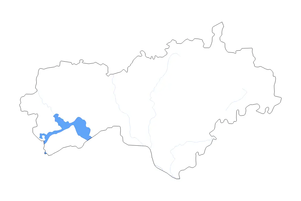 Outline map of Mari El Republic, Russian Federation with subdivision borders and major lakes and rivers.