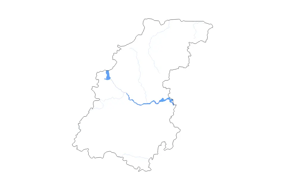 Outline map of Nizhny Novgorod, Russian Federation with subdivision borders and major lakes and rivers.