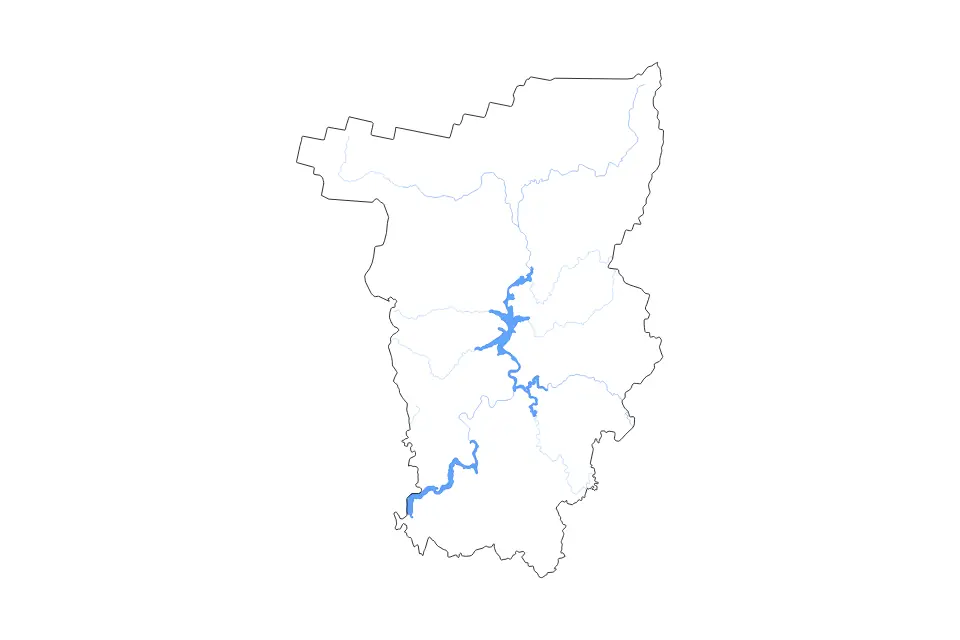 Mapa de Perm Krai, Russian Federation de tipo contorno, lagos y ríos para Europa, con contorno, lagos y ríos con elementos de agua como Kamskoye Vodokhranilishche y Votkinskoye Vodokhranilishche.
