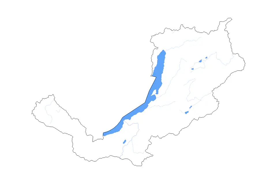 Outline map of Republic of Buryatia, Russian Federation with subdivision borders and major lakes and rivers.