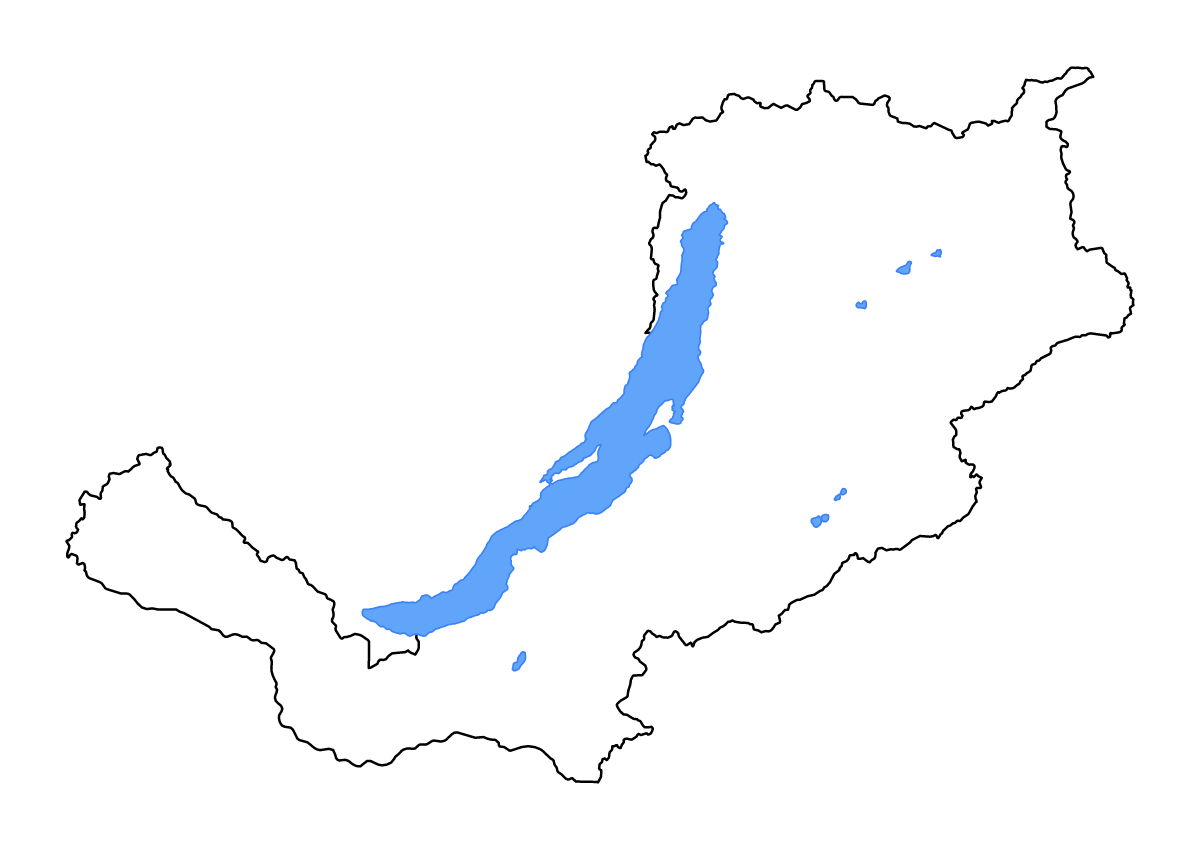 Mapa de contorno de Republic of Buryatia, Russian Federation con lagos y ríos.