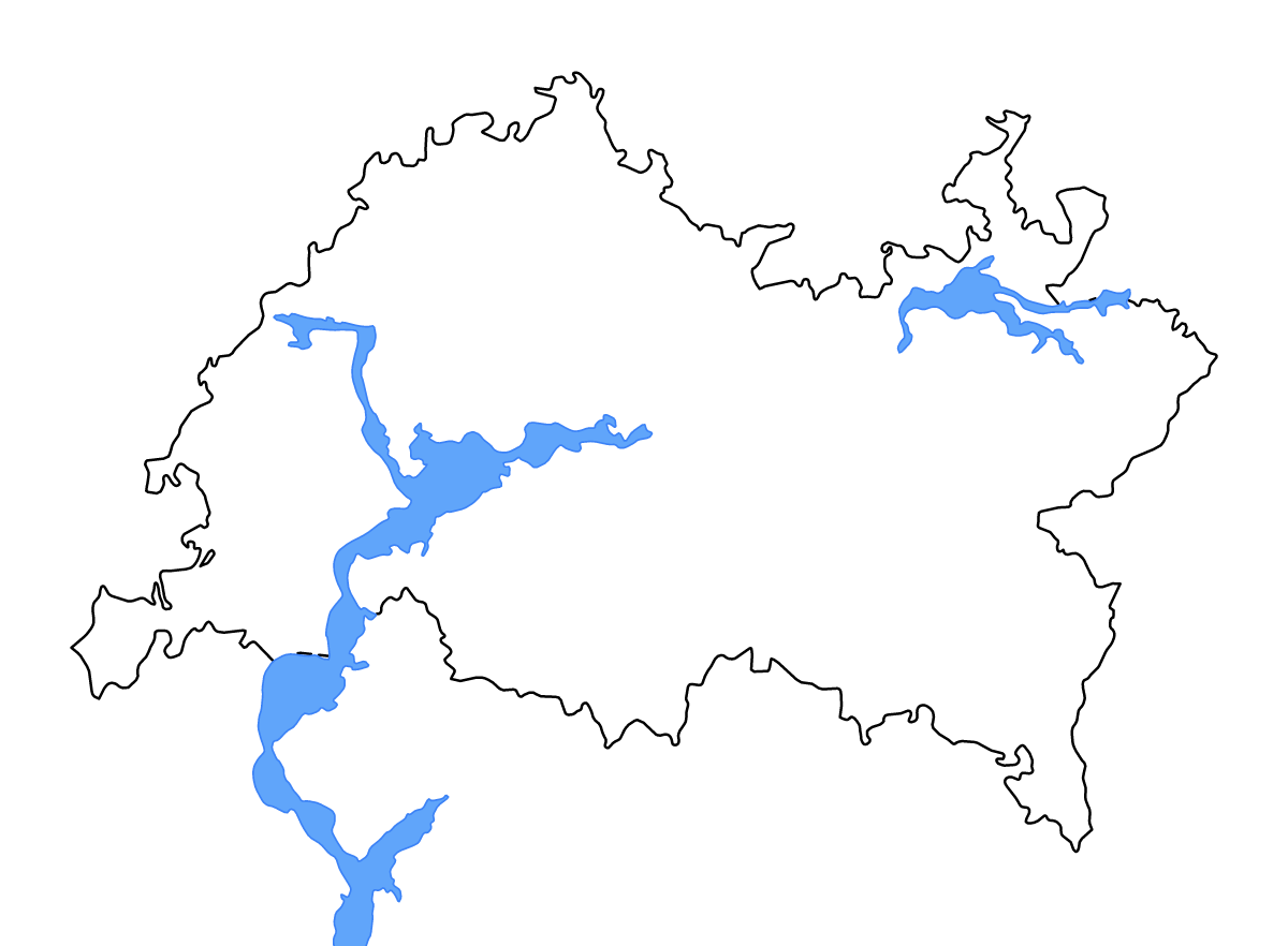 Outline map of Republic of Tatarstan, Russian Federation with lakes and rivers.