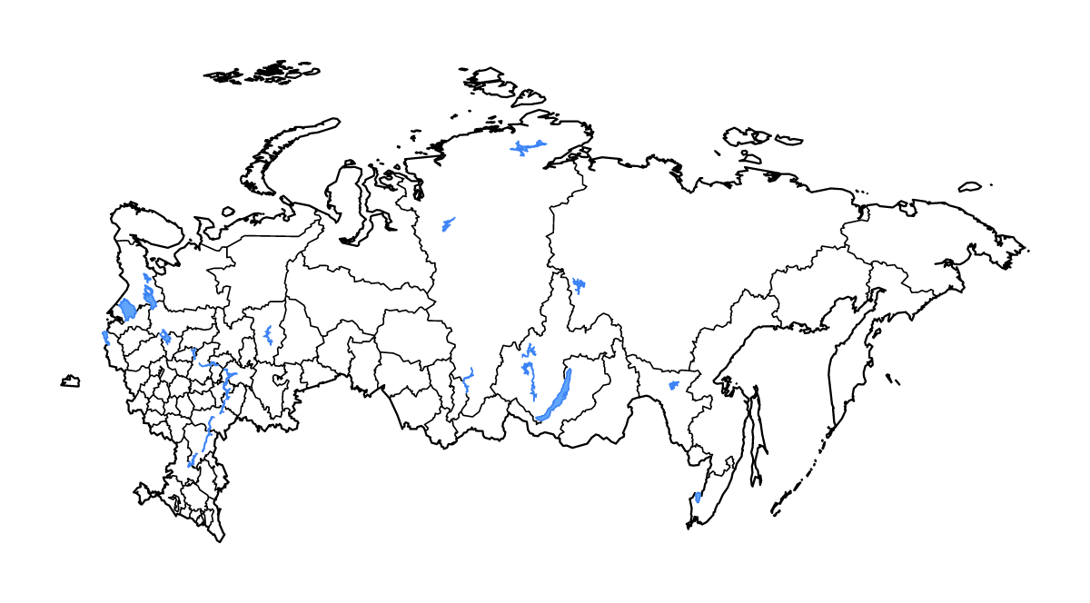 Mapa de contorno de Russian Federation con límites administrativos internos, lagos y ríos.
