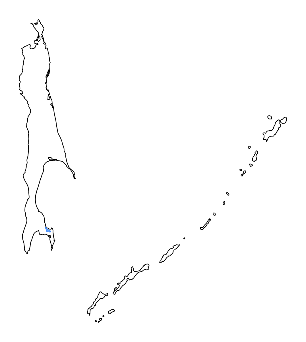 Outline map of Sakhalin, Russian Federation with lakes and rivers.