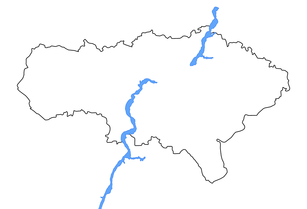 Outline map of Saratov, Russian Federation with lakes and rivers.