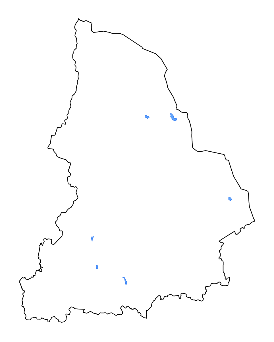 Outline map of Sverdlovsk, Russian Federation with lakes and rivers.