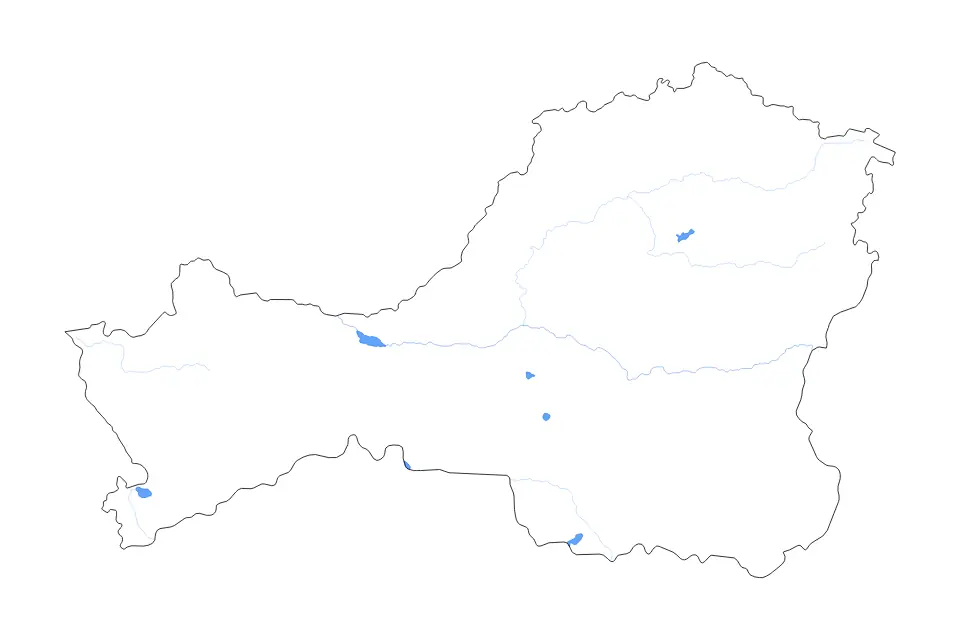 Outline map of Tuva Republic, Russian Federation with subdivision borders and major lakes and rivers.