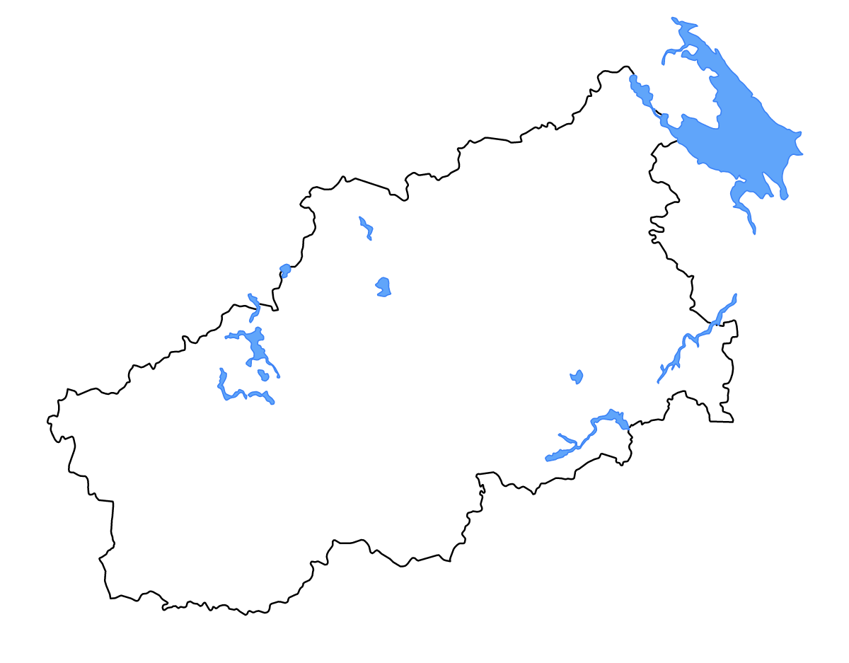 Outline map of Tver, Russian Federation with lakes and rivers.