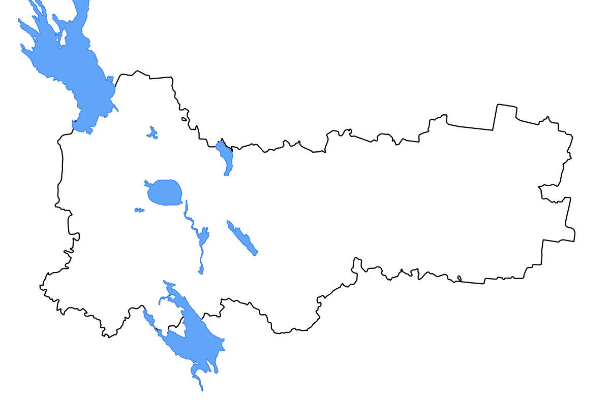Outline map of Vologda, Russian Federation with lakes and rivers.