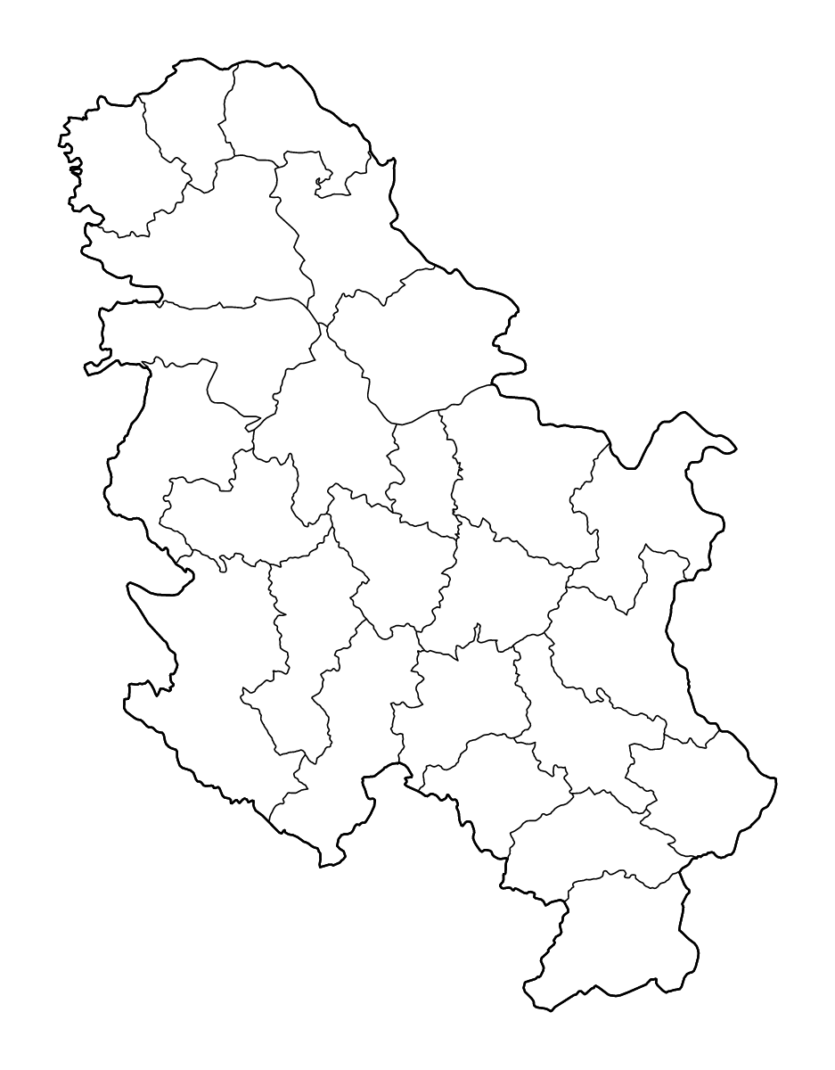 Mapa de contorno de Serbia con límites administrativos internos y ríos.