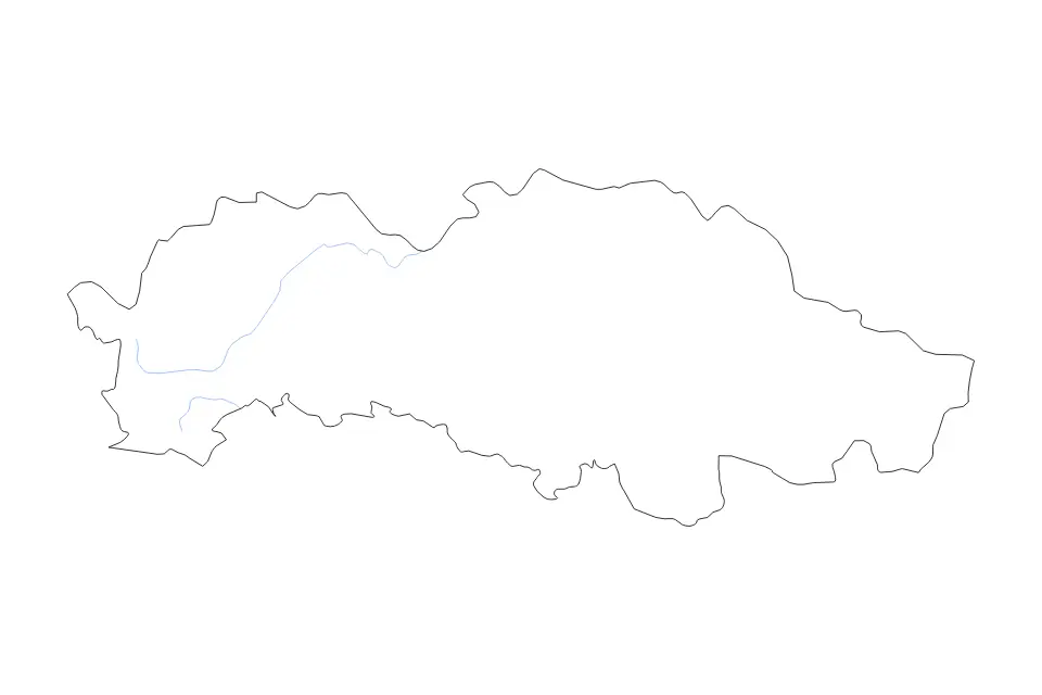 Outline map of Prešov, Slovakia with subdivision borders and rivers.