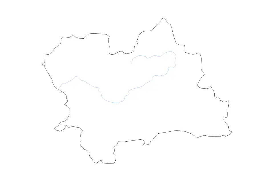 Outline map of Žilina, Slovakia with subdivision borders and rivers.