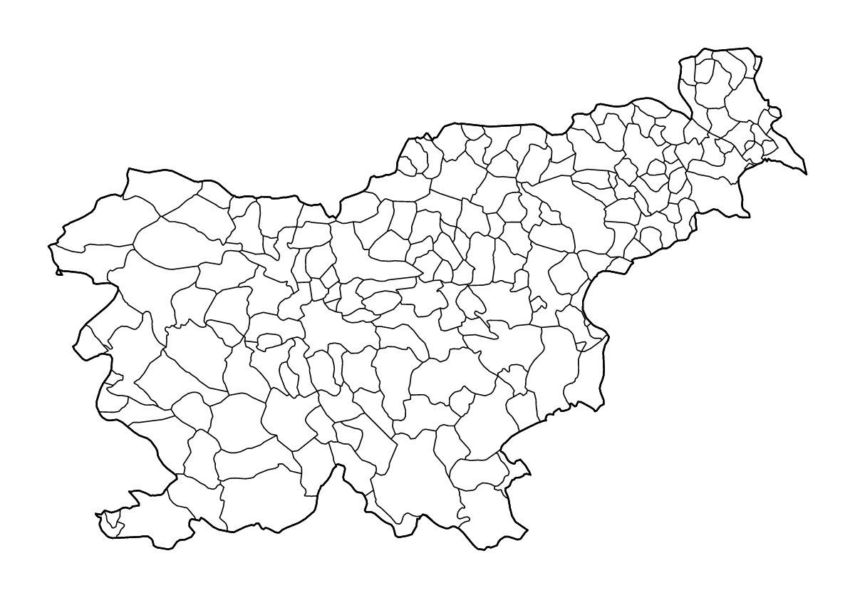 Mapa de contorno de Slovenia con límites administrativos internos y ríos.