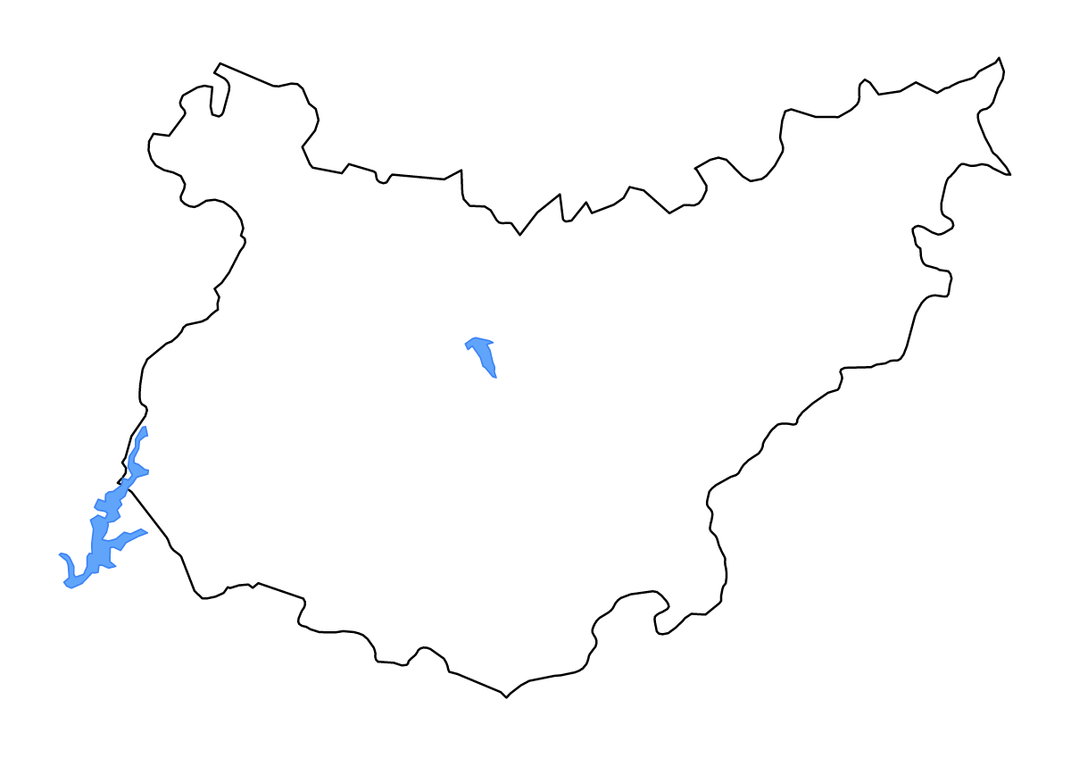 Outline map of Badajoz, Extremadura with lakes and rivers.