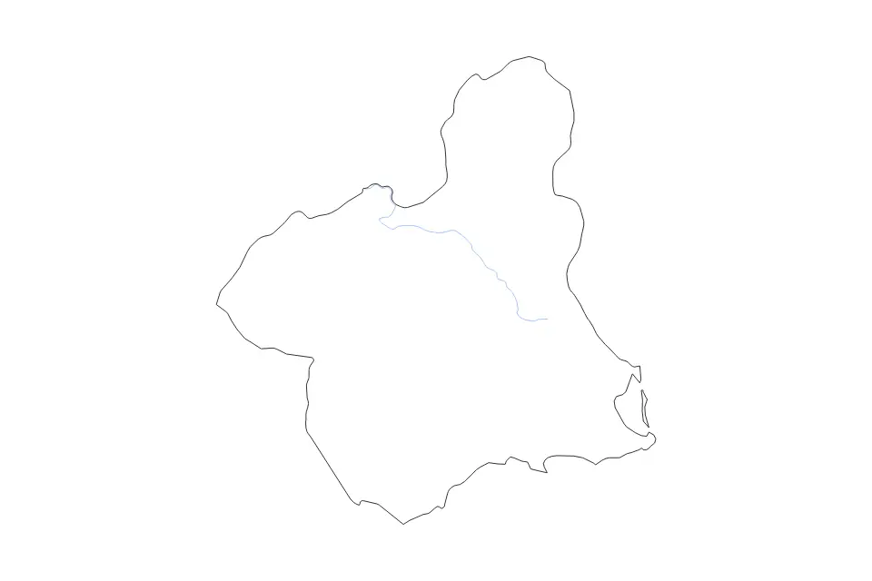Outline map of Murcia Autonomous Community, Spain with subdivision borders and rivers.