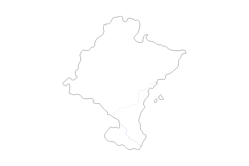 Outline map of Navarre Autonomous Community, Spain with subdivision borders and rivers.