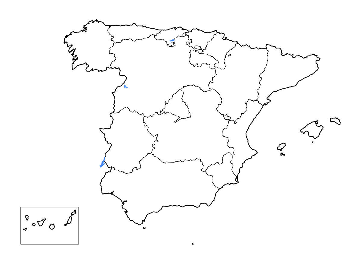 Mapa de contorno de Spain con límites administrativos internos, lagos y ríos.