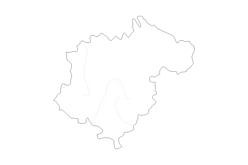 Outline map of Teruel Autonomous Community, Spain with subdivision borders and rivers.
