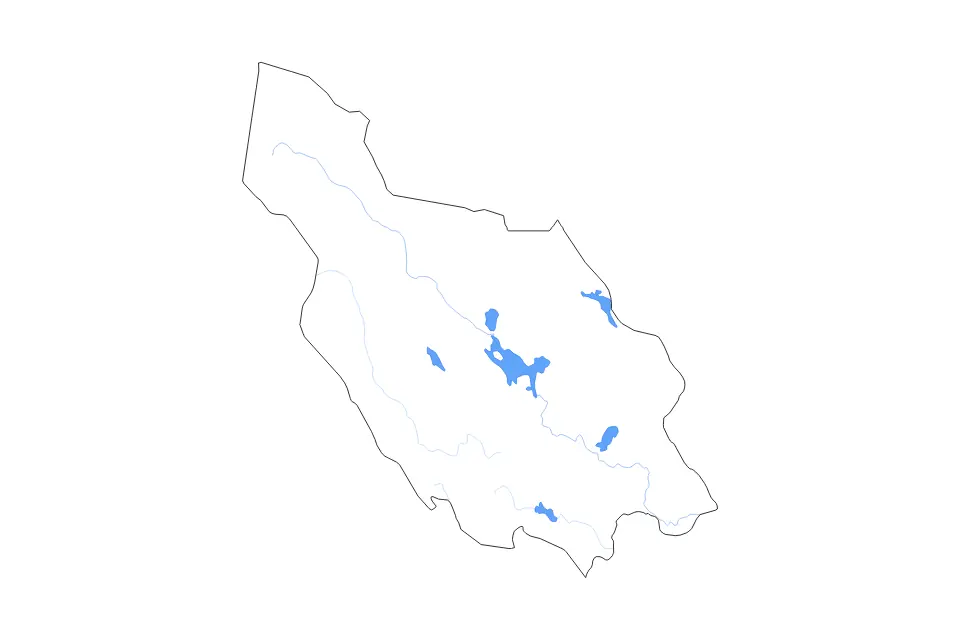 Outline map of Dalarna County, Sweden with subdivision borders and major lakes and rivers.